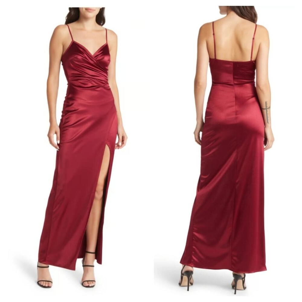 Love Nickie Lew Womens Junior Asymmetric Slit Leg Satin Gown in Burgundy Wine M